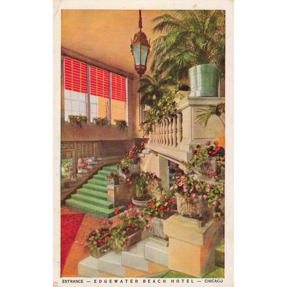 Vintage Edgewater Beach Hotel Chicago Entrance Linen Postcard Interior Grandeur - Picture 1 of 2